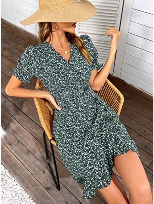 Kate Kasin Women V-Neck Floral Dress Puffed Short Sleeve Ruffled Hem A-Line Beach Dresses with Belt