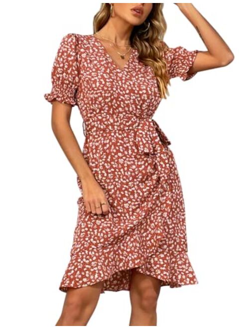 Kate Kasin Women V-Neck Floral Dress Puffed Short Sleeve Ruffled Hem A-Line Beach Dresses with Belt