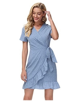 Women Mini Dress Wrap V Neck Casual Summer Dress Short Sleeves Ruffled Irregular Hem with Tie Belt