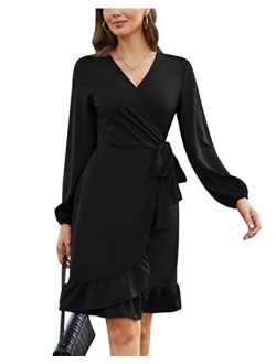 Women Mini Dress Wrap V Neck Casual Summer Dress Short Sleeves Ruffled Irregular Hem with Tie Belt