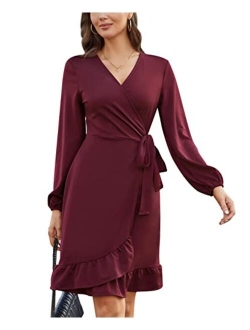 Women Mini Dress Wrap V Neck Casual Summer Dress Short Sleeves Ruffled Irregular Hem with Tie Belt