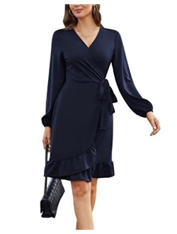 Women Mini Dress Wrap V Neck Casual Summer Dress Short Sleeves Ruffled Irregular Hem with Tie Belt