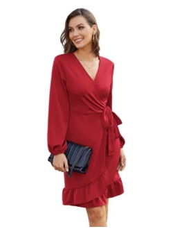 Women Mini Dress Wrap V Neck Casual Summer Dress Short Sleeves Ruffled Irregular Hem with Tie Belt