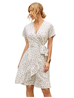 Women Mini Dress Wrap V Neck Casual Summer Dress Short Sleeves Ruffled Irregular Hem with Tie Belt