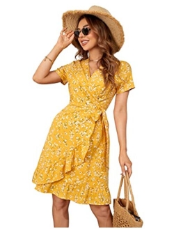 Women Mini Dress Wrap V Neck Casual Summer Dress Short Sleeves Ruffled Irregular Hem with Tie Belt