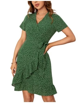 Women Mini Dress Wrap V Neck Casual Summer Dress Short Sleeves Ruffled Irregular Hem with Tie Belt