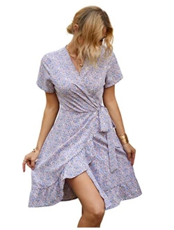 Women Mini Dress Wrap V Neck Casual Summer Dress Short Sleeves Ruffled Irregular Hem with Tie Belt