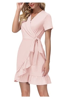 Women Mini Dress Wrap V Neck Casual Summer Dress Short Sleeves Ruffled Irregular Hem with Tie Belt