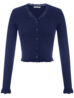 Women Long Sleeve Button Down V Neck Lace Trim Sweater Knit Cardigan