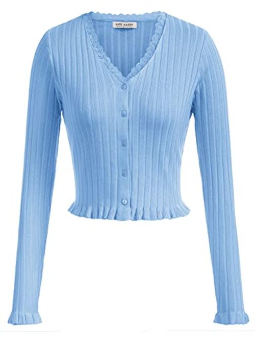 Kate Kasin Women Long Sleeve Button Down V Neck Lace Trim Sweater Knit Cardigan