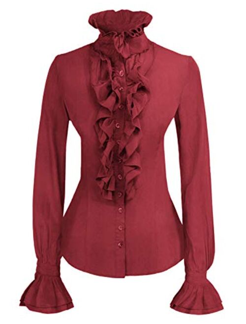 Kate Kasin Women Victorian Gothic Ruffled Lotus Shirt Blouse Tops