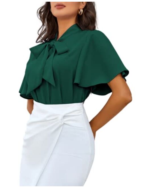 Kate Kasin Women Ruffle Short Sleeves Bow Tie Blouse Summer Elegant Business Casual Chiffon Shirt Tops Dressy