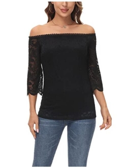 Women's Off Shoulder Lace Top Sexy Floral Lace Blouse T-Shirt Long Sleeve