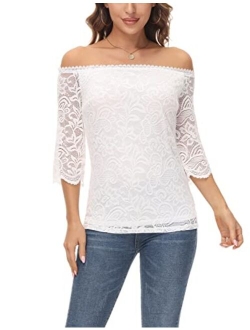 Women's Off Shoulder Lace Top Sexy Floral Lace Blouse T-Shirt Long Sleeve