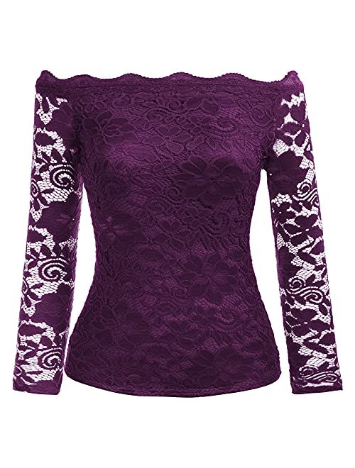 Kate Kasin Women's Off Shoulder Lace Top Sexy Floral Lace Blouse T-Shirt Long Sleeve