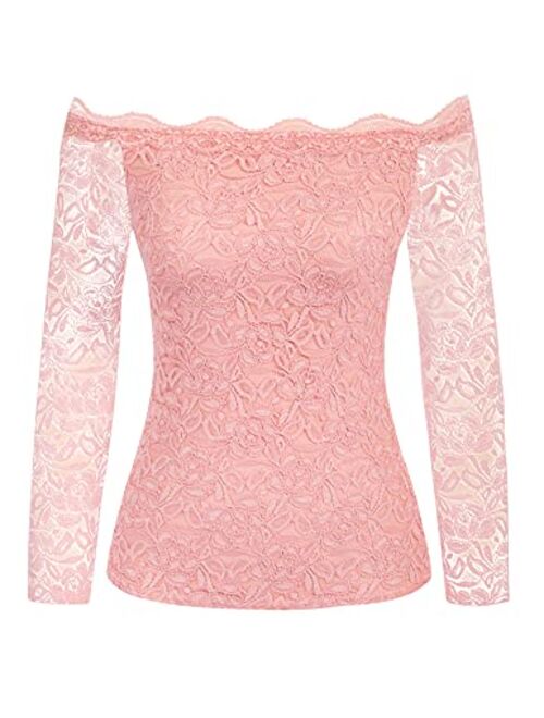 Kate Kasin Women's Off Shoulder Lace Top Sexy Floral Lace Blouse T-Shirt Long Sleeve