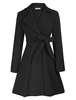 Women A Line Peacoat Dress Coat Belted Notch Lapel Overcoat Fall Winter Trench Coats