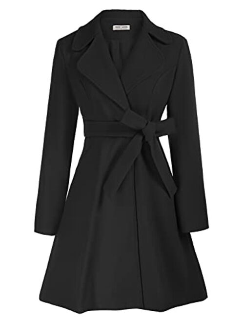 Kate Kasin Women A Line Peacoat Dress Coat Belted Notch Lapel Overcoat Fall Winter Trench Coats