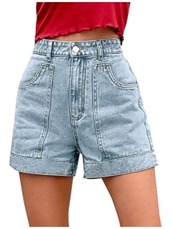 Women's Summer Casual High Waisted Denim Shorts Workout Wide Leg Jean Shorts with Pockets