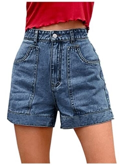 Women's Summer Casual High Waisted Denim Shorts Workout Wide Leg Jean Shorts with Pockets