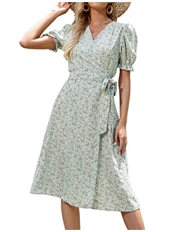 Women Ruffle Puff Sleeve Floral Printed V Neck A-Line Midi Wrap Dress