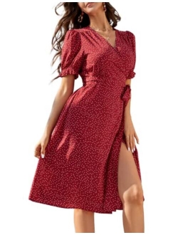 Women Ruffle Puff Sleeve Floral Printed V Neck A-Line Midi Wrap Dress