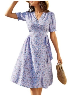 Women Ruffle Puff Sleeve Floral Printed V Neck A-Line Midi Wrap Dress