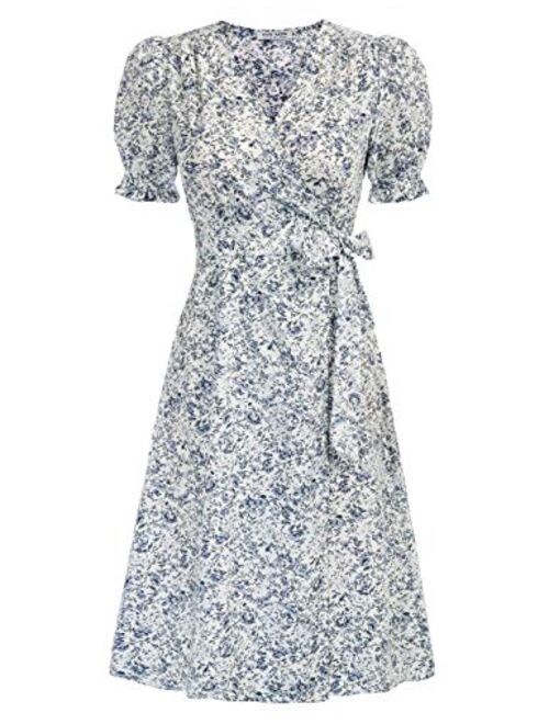 Kate Kasin Women Ruffle Puff Sleeve Floral Printed V Neck A-Line Midi Wrap Dress