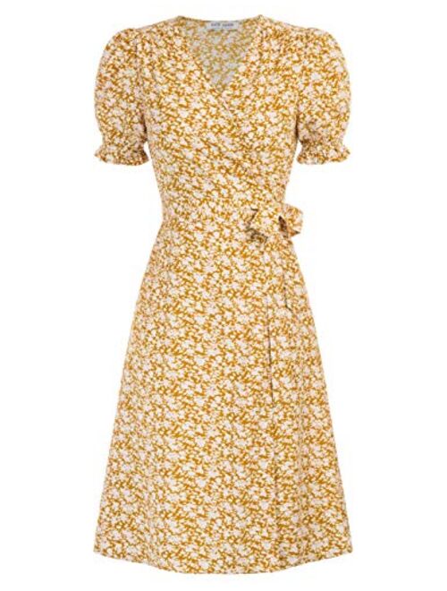 Kate Kasin Women Ruffle Puff Sleeve Floral Printed V Neck A-Line Midi Wrap Dress