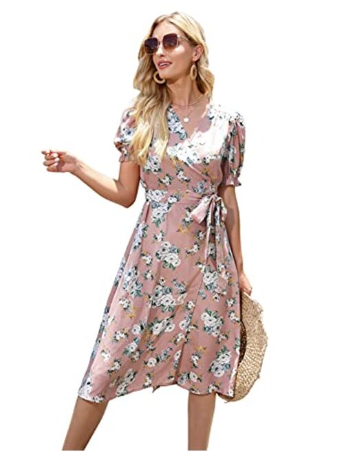 Kate Kasin Women Ruffle Puff Sleeve Floral Printed V Neck A-Line Midi Wrap Dress