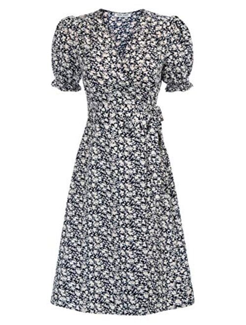 Kate Kasin Women Ruffle Puff Sleeve Floral Printed V Neck A-Line Midi Wrap Dress