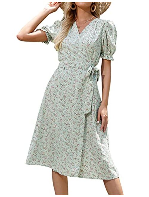 Kate Kasin Women Ruffle Puff Sleeve Floral Printed V Neck A-Line Midi Wrap Dress