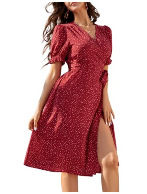 Kate Kasin Women Ruffle Puff Sleeve Floral Printed V Neck A-Line Midi Wrap Dress