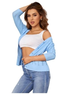 Women Ribbed Pointelle Lightweight Cropped Cardigan 3/4 Sleeve Button Down Shrug Sweaters V Neck Knit Tops