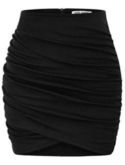 Women's Ruched Skirts Elastic High Waist Wrap Slim Fit Bodycon Pencil Mini Skirt