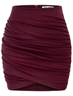 Women's Ruched Skirts Elastic High Waist Wrap Slim Fit Bodycon Pencil Mini Skirt