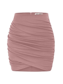 Women's Ruched Skirts Elastic High Waist Wrap Slim Fit Bodycon Pencil Mini Skirt