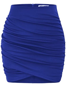 Women's Ruched Skirts Elastic High Waist Wrap Slim Fit Bodycon Pencil Mini Skirt