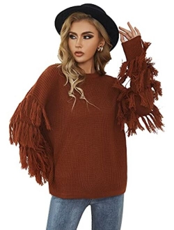 Fringe Long Sleeve Sweater Chunky Cable Knit Oversized Pullover Jumper Tops