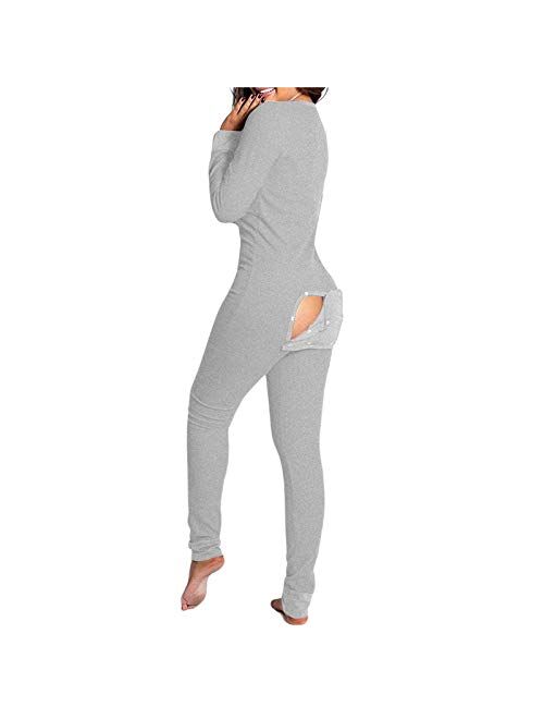 Mieeyali Women's Sexy Butt Button Back Flap Jumpsuit V Neck Long Sleeve Romper Bodycon Pajamas Onesies