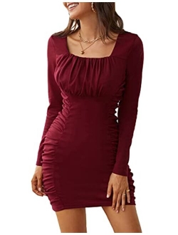 Women Square Neck Ruched Bodycon Long Sleeves Sexy Club Mini Dress