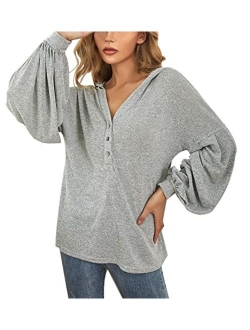 Women's Causal Hoodie V Neck Lantern Long Sleeve Button Top Loose Lightweight Sweatshirt