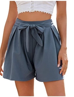 Women's Pleated Shorts Elastic High Waist Bow Tie Summer Casual Shorts with Pockets