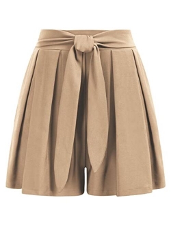 Women's Pleated Shorts Elastic High Waist Bow Tie Summer Casual Shorts with Pockets