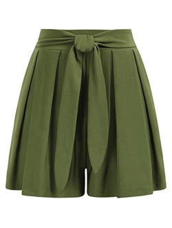 Women's Pleated Shorts Elastic High Waist Bow Tie Summer Casual Shorts with Pockets