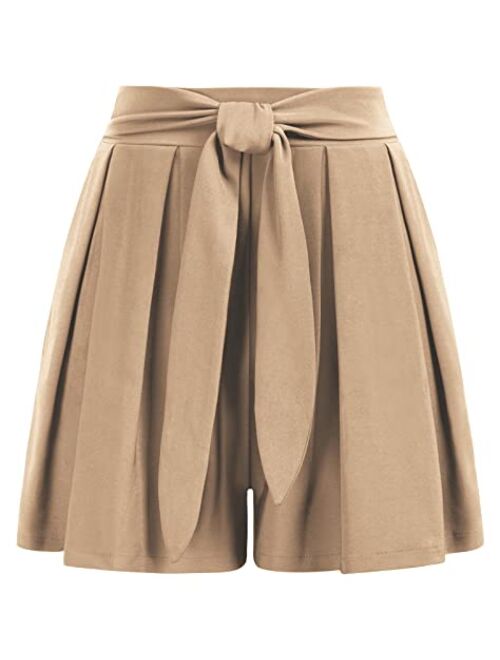 Kate Kasin Women's Pleated Shorts Elastic High Waist Bow Tie Summer Casual Shorts with Pockets