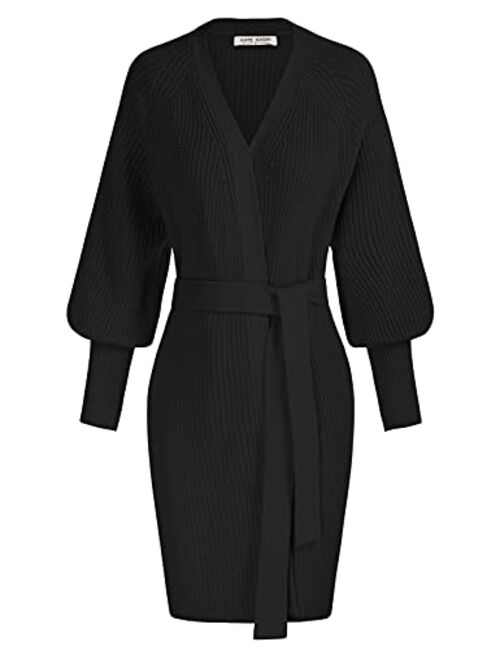 Kate Kasin Women's V Neck Open Front Lantern Sleeve Cardigan Ribbed Knit Wrap Cardigan Sweater with Belt