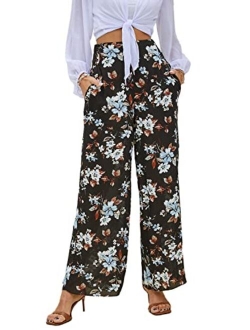 Women's Elastic High Waisted Palazzo Pants Belted Casual Flowy Wide Leg Long Trousers with Pockets