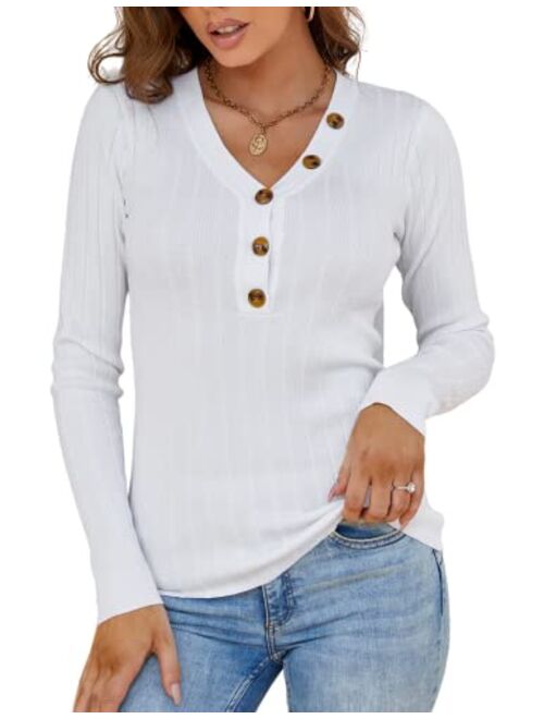 Kate Kasin Women Long Sleeve Ribbed Knit Henley Shirts V Neck Button Slim Fitted Pullover Sweater Tops