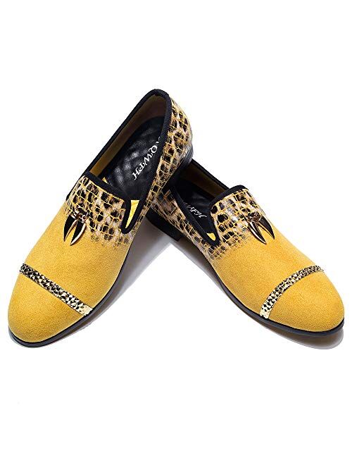 XQWFH Mens Leopard Loafers Leather Embroidery Spiked Slip on Dress Shoes Slipper Luxury Fashion Penny Prom